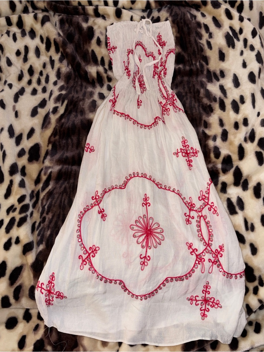 Boho Y2K White Pink Embroidered Strapless Maxi Dress Fairycore